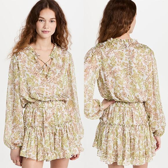 Misa Los Angeles Ruffle Drawstring Neck Elastic Waist Floral Green Mini Dress - Picture 9 of 9